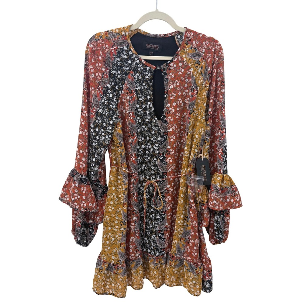 Shyanne Patchwork Floral Paisley Mini Dress Rust Navy Black L SWFA21D47 NEW‎